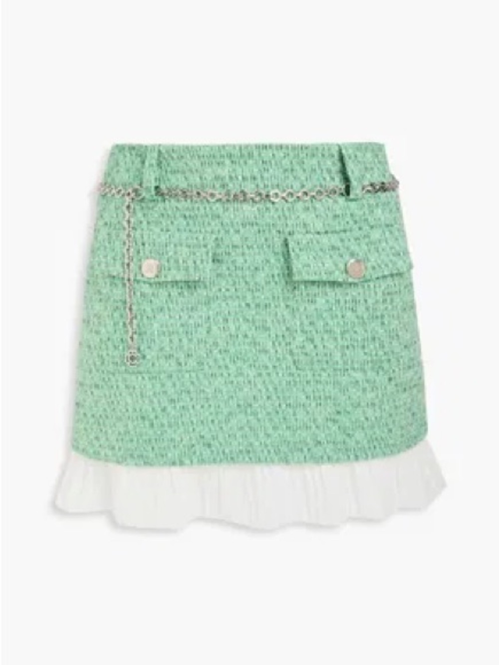 Maje green tweed mini skirt with white ruffle hem, size 42